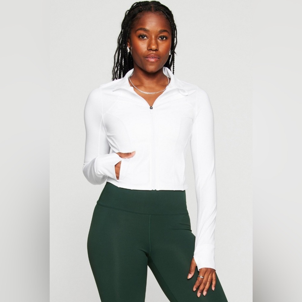 Fabletics Perfect Storm Cropped Train Jacket in Classic White